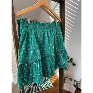 J Crew Smocked Tiered Ruffle Mini Skirt Green Floral Print Sz L Paisley Smocked